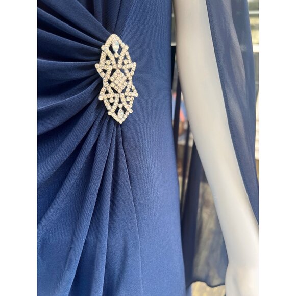 R&M Richards Womens Navy Blue Dress With Rhinestone Detail & Sheer Sleeves Style - Picture 2 of 10